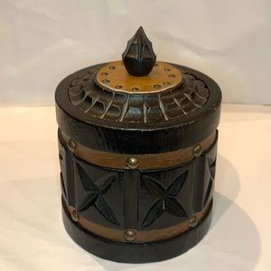 Unique Vintage Hand Carved Wood Leather Ginger Jar